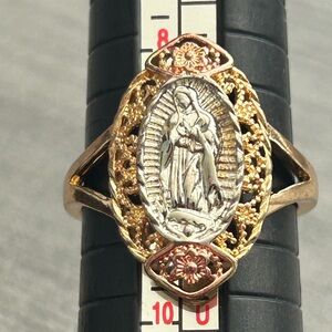 Tri-Tone Virgin Mary Ring | 18K Gold Filled | Size 9 | Yellow/Rose/White Gold